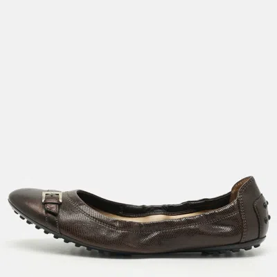 Pre-owned Tod's Size 37.5 Brown Leather And Lizard Embossed Leather Scrunch Ballet Flats