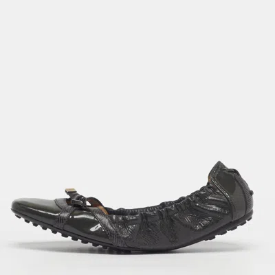 Pre-owned Tod's Size 37.5 Dark Green Lizard Embossed Leather And Patent Leather Scrunch Bow Ballet Flats