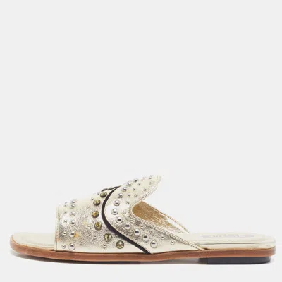 Pre-owned Tod's Size 37.5 Gold Leather Studded Embellishment Flat Slide