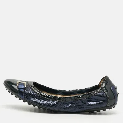Pre-owned Tod's Size 37.5 Navy Blue Leather And Snakeskin Embossed Leather Ballet Flats