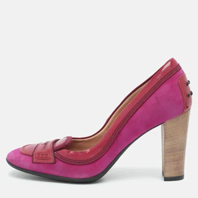 Pre-owned Tod's Size 37.5 Pink Patent Leather And Suede Loafer Pumps