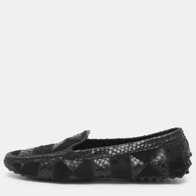 Pre-owned Tod's Size 38 Black Calf Hair And Python Patchwork Loafers
