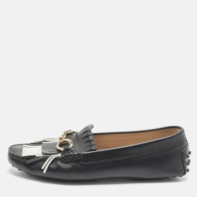 Pre-owned Tod's Size 38 Black/white Leather Fringe Loafers