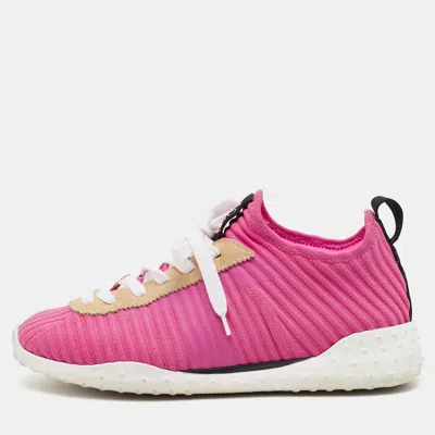 Pre-owned Tod's Size 38 Pink/beige Knit Fabric And Suede Low Top Sneakers