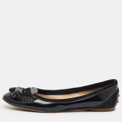Pre-owned Tod's Size 38.5 Black Patent Leather And Suede Tassel Ballet Flats