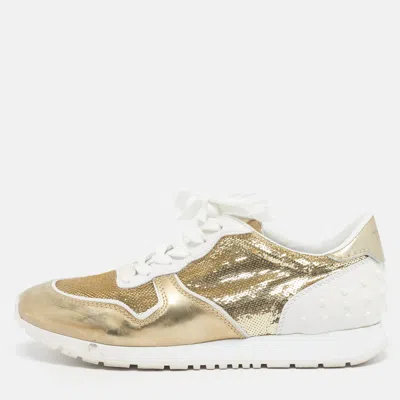 Pre-owned Tod's Size 38.5 Gold/white Leather And Sequins Sneakers