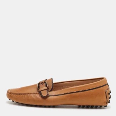 Pre-owned Tod's Size 38.5 Tan Leather Buckle Embellished Slip On Loafers In Brown