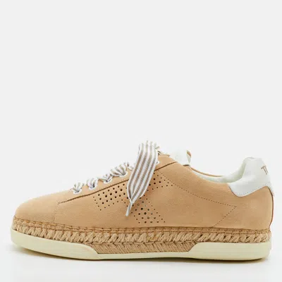 Pre-owned Tod's Size 39 Beige Perforated Suede Espadrille Platform Low Top Sneakers