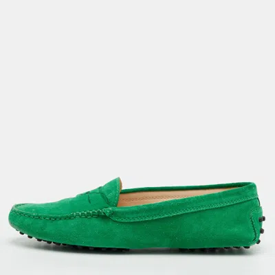 Pre-owned Tod's Size 39 Green Suede Penny Loafers
