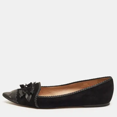Pre-owned Tod's Size 39.5 Black Leather And Suede Embellished Bow Pointed Toe Ballet Flats