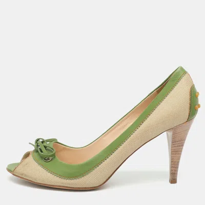 Pre-owned Tod's Size 39.5 Green Balistic Nylon And Leather Peep Toe Pumps