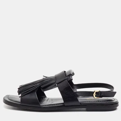 Pre-owned Tod's Size 40 Black Leather Fringe Detail Slingback Flat Sandals