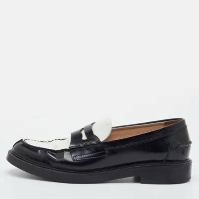 Pre-owned Tod's Size 40 Black/white Leather Slip On Penny Loafers