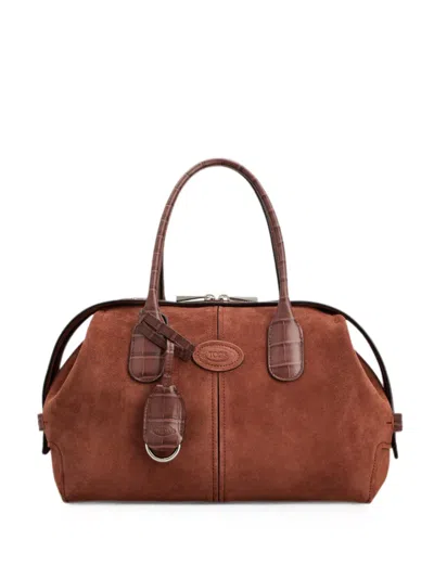 Tod's Small Crocodile-effect Suede Tote Bag In Brown