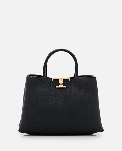 Tod's Small T Metal Leather Shopper Bag In Nero