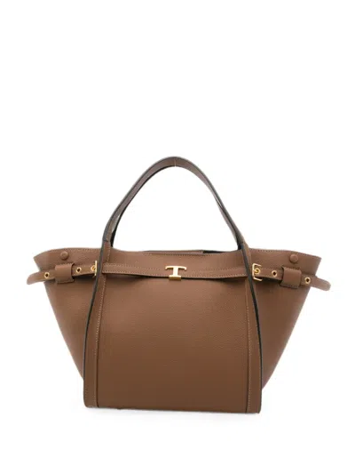 Tod's Small T Signature Leather Tote Bag In Brown