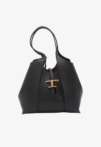 Tod's Small T Timeless Tote Bag In Hammered Leather In Black