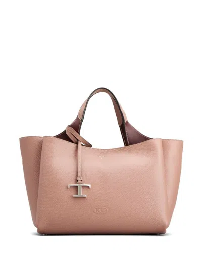 Tod's Smooth Light Pink Calfskin Tote Handbag With Metal Logo Pendant And T-logo Stitch In Purple