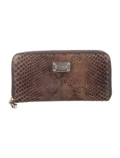 Pre-owned Tod's Snakeskin Animal Print Continental Wallet In Brown