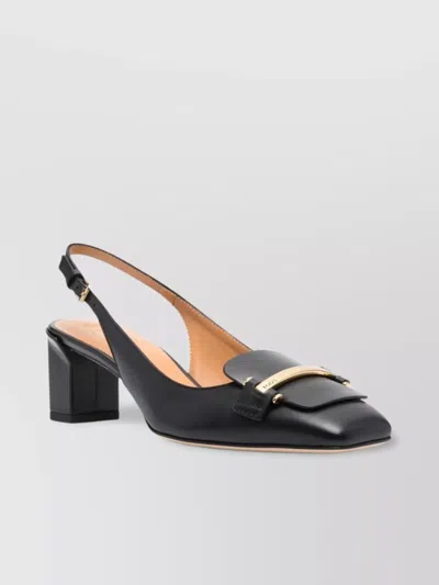 Tod's Square Toe Block Heel Gold-tone Hardware Slingback In Black
