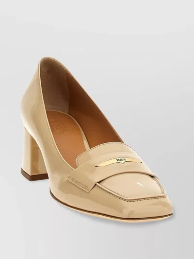 Tod's Square Toe Block Heel Pumps With Patent Finish In Gold