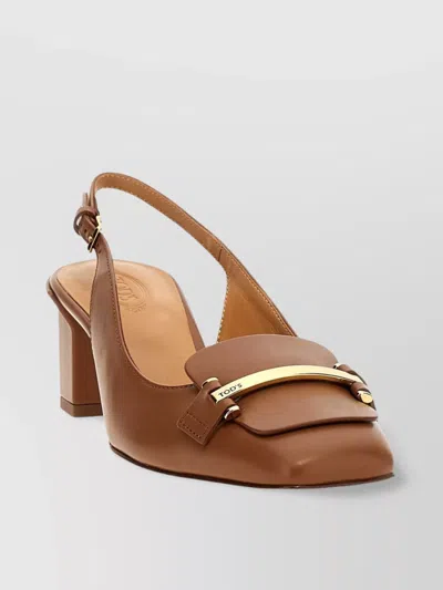 Tod's Square Toe Block Heel Slingback With Gold-tone Hardware In Brown