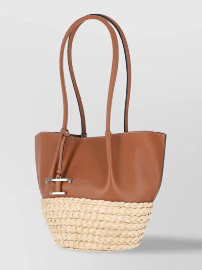 Tod's Stitched Handles Tote Bag With Woven Base In Brown