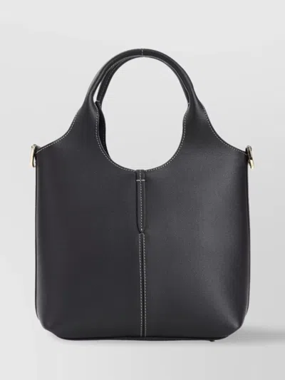 Tod's Strap Leather Bag White Stitching Hardware Handles In Grey