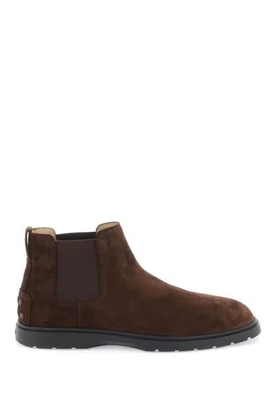 Tod's Navy Suede Chelsea Boots For Men In Brown