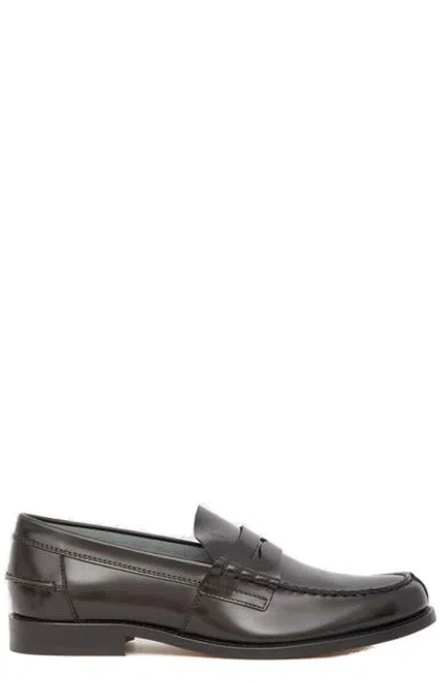 Tod's Black Leather Loafers With Penny Bar And Embossed Monogram In Gray