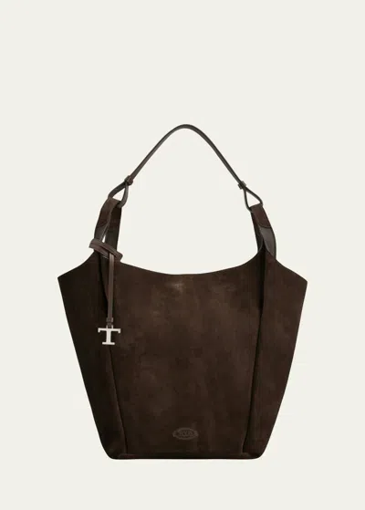 Tod's Suede & Leather Shoulder Bag In Marrone Africa