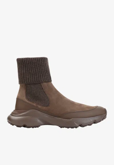 Tod's Suede And Rib Knit Ankle Boots In Brown