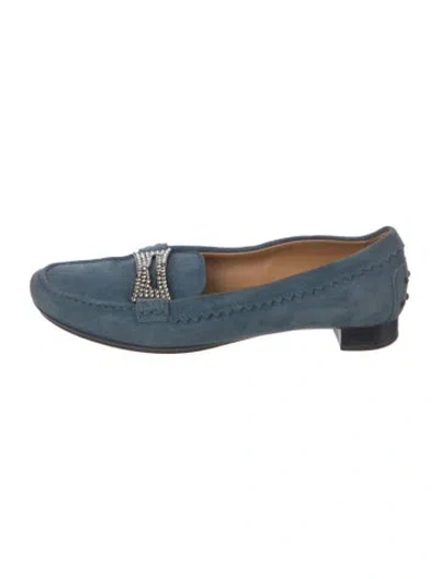 Pre-owned Tod's Suede Crystal Embellishments Loafers In Blue