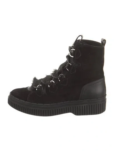 Pre-owned Tod's Suede Faux Fur Trim Combat Boots In Black