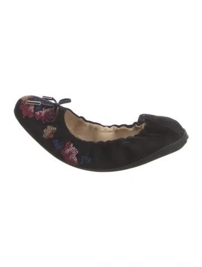Pre-owned Tod's Suede Floral Print Ballet Flats In Black