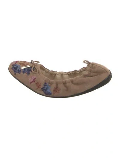 Pre-owned Tod's Suede Floral Print Ballet Flats In Neutrals