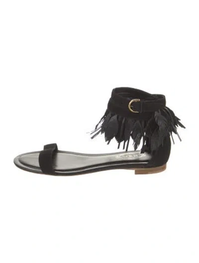 Pre-owned Tod's Suede Fringe Trim Accent Gladiator Sandals In Black
