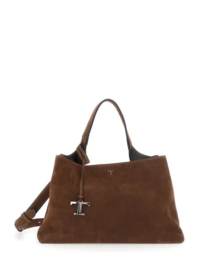 Tod's Tod`s Suede Handbag With Adjustable & Removable Shoulder Strap And T Plaque, 41x26x19 Cm In Brown