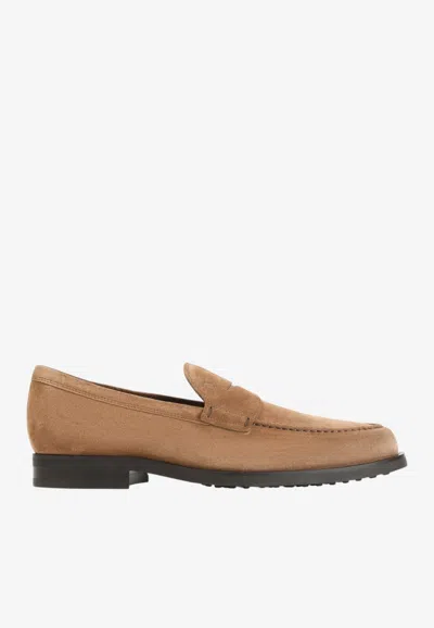 Tod's Suede Leather Penny Loafers In Brown
