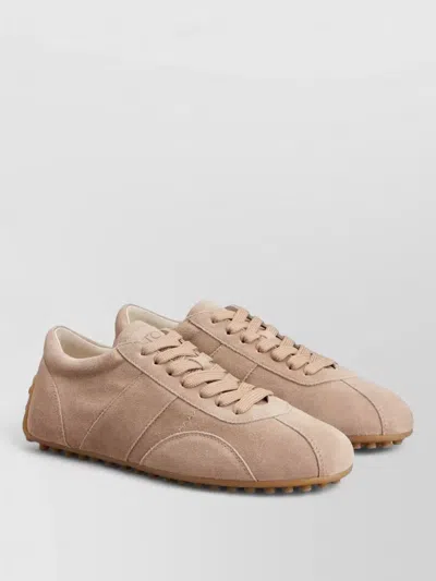 Tod's Suede Leather Sneakers Round Toe Rubber Sole In Neutral