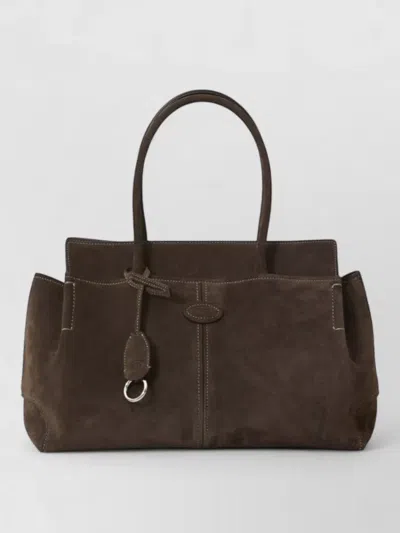 Tod's Suede Leather Tote Bag Metal Feet In Brown