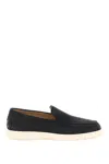 Tod's Blue Suede Moccasin With White Rubber Sole