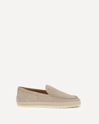 Tod's Raffia-trimmed Suede Loafers In Neutrals