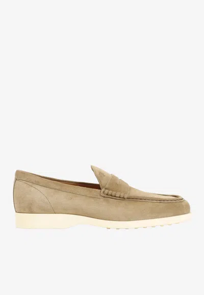 Tod's Suede Loafers With Embossed-logo In Brown