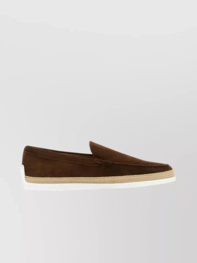 Tod's Suede Loafers With Round Toe And Braided Jute Sole In Brown