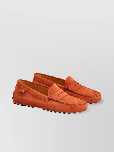 Tod's Suede Moccasin Penny Strap Rubber Loafers In Orange