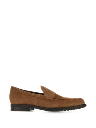 Tod's Suede Loafers Round Toe Rubber Sole In Brown