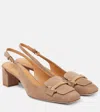 Tod's Suede Leather Slingback Block Heel Pumps In Beige