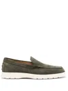 Tod's Round Toe Suede Loafers With Decorative Stitching In Green