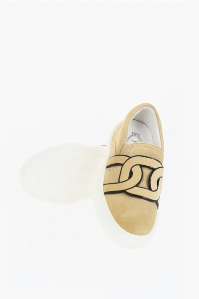 Tod's Suede Slip On Sneakers With Front Logo In Brown